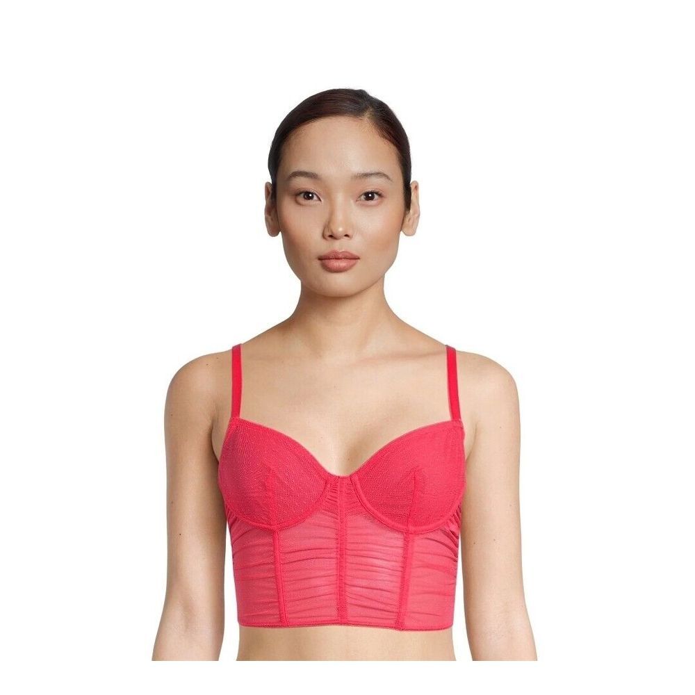 No Boundaries Juniors Ruffle Mesh Lace Bustier‎ Size Large Melon Delight Red New